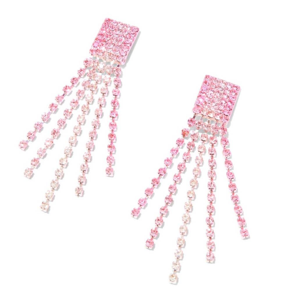 Rose Gold Pink Rhinestone 3" Pyramid Fringe Drop Earrings - NWT
